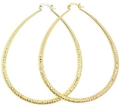 Women's 4mm Real 14K Gold Filled Big Tear Drop Hoop Earrings Medium Large Extra Large 40-70mm Diamond Cut Oval Shaped Lightweight Hallow Hoop Earrings