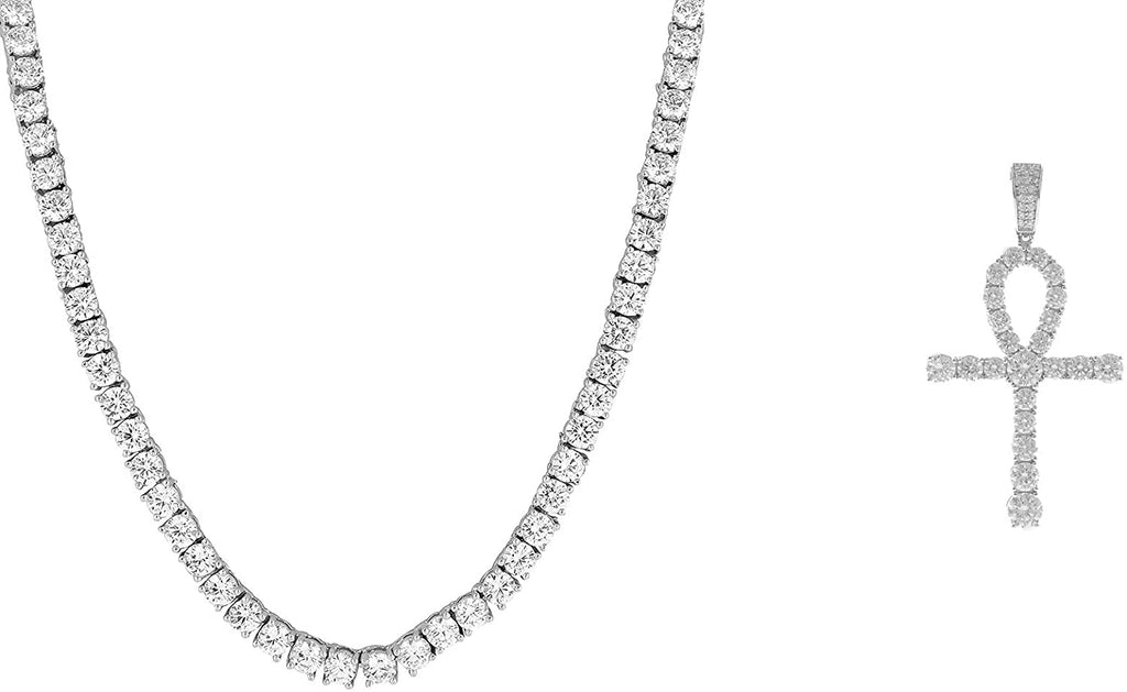 Men's Rhodium-Plated Silver Finish Round Cut Cubic Zirconia Egyptian Ankh Cross Pendant with 1 Row Tennis Necklace Choker Chain