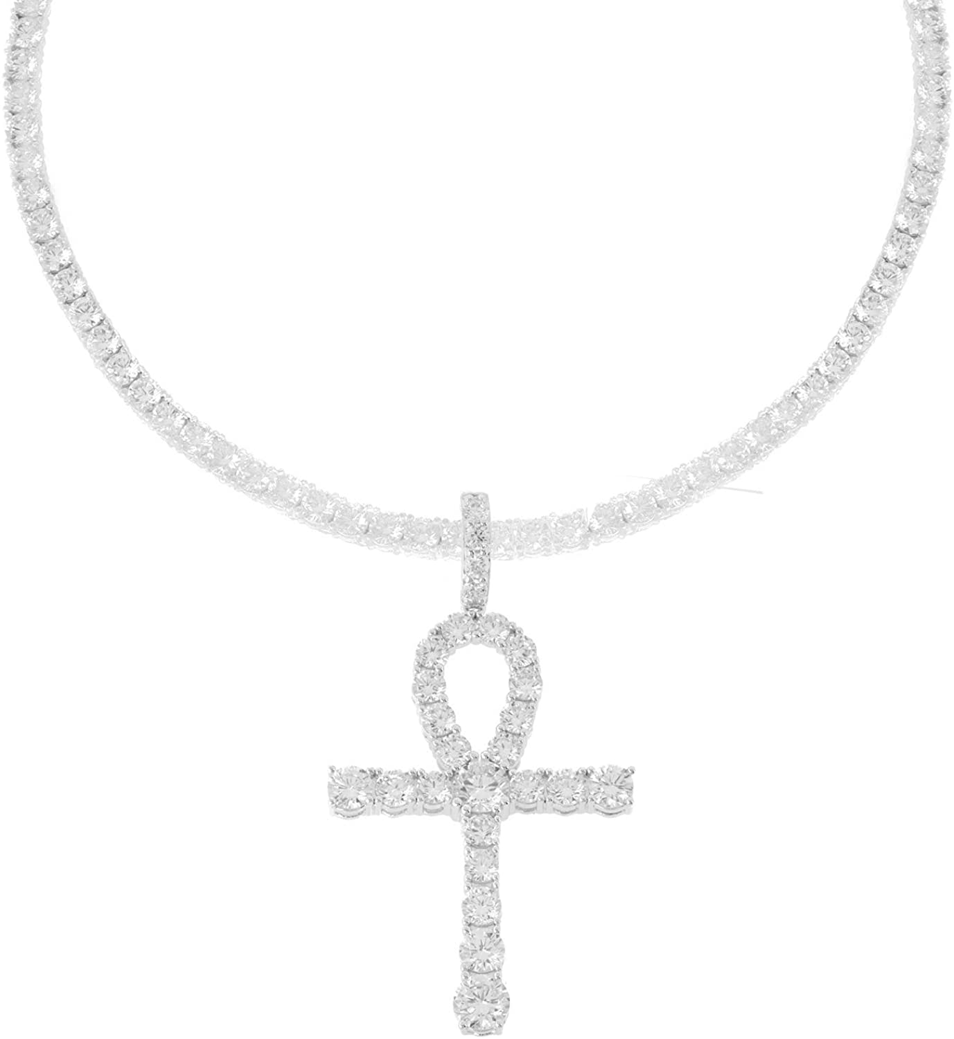 Cross Necklace Choker Ankh Men's Rhodium-Plated Silver Finish