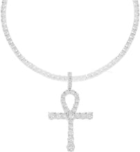 Men's Rhodium-Plated Silver Finish Round Cut Cubic Zirconia Egyptian Ankh Cross Pendant with 1 Row Tennis Necklace Choker Chain