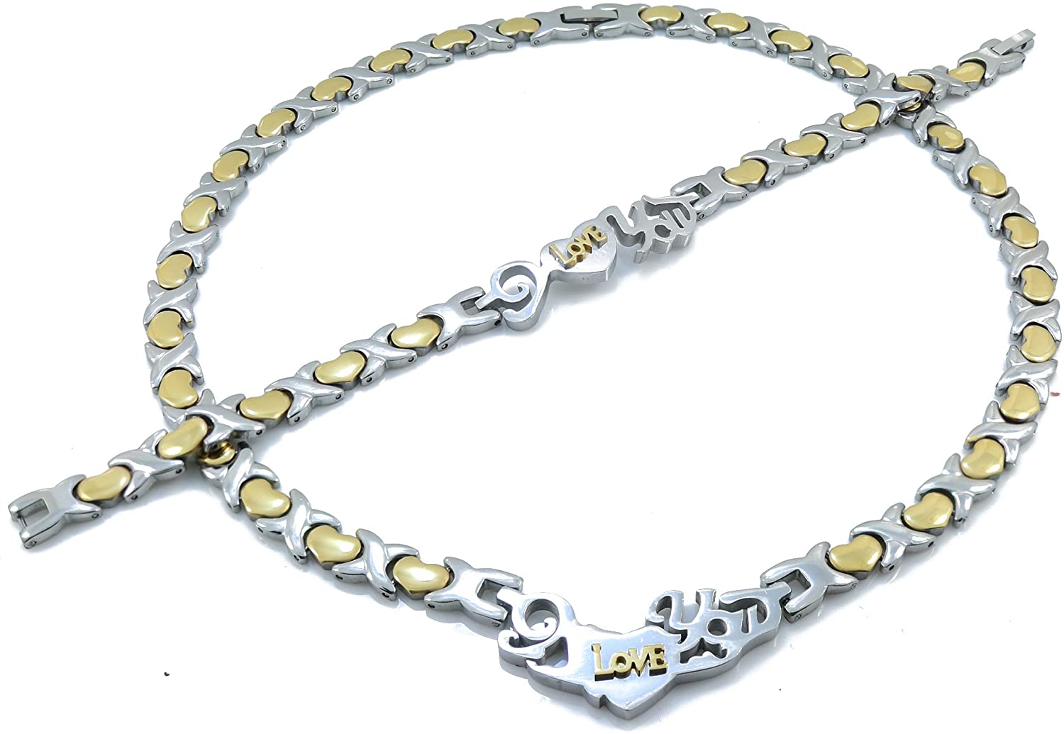 Bling Bling NY Women's Hugs and Kisses XOXO Necklace Bracelet I Love You Nameplate Jewelry Set Stampato Multi Color (Gold, Silver, Two Tone, Tri