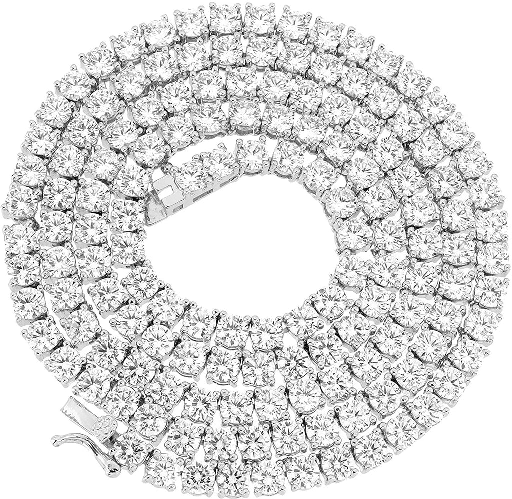 Men's Silver Finish Iced Out Lab Created Diamond Cross Pendant 4mm Tennis Chain 1 Row Necklace 16-30 inches