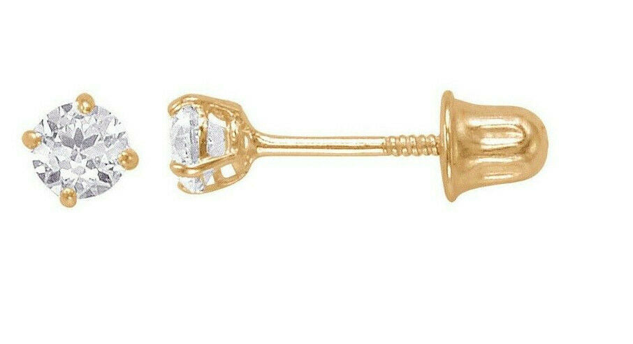 Unisex Classic 14K Solid Yellow Gold Round Solitaire Cubic Zirconia Bolita Screw Back Stud Earrings