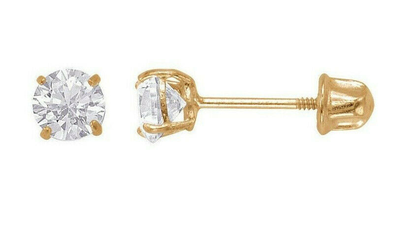 Unisex Classic 14K Solid Yellow Gold Round Solitaire Cubic Zirconia Bolita Screw Back Stud Earrings