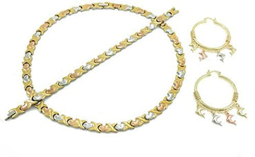 na 3 Tone Stainless Steel Hugs and Kisses Necklace,Bracelet and Hoop Earring with Dolphins Set -2