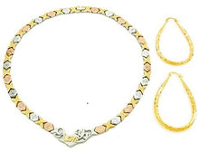 Load image into Gallery viewer, 3 Tone I Love You Hugs &amp; Kisses Necklace Bracelet Earrings Set Oval Hoops XOXO 20 inches