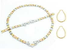 Load image into Gallery viewer, 3 Tone I Love You Hugs &amp; Kisses Necklace Bracelet Earrings Set Oval Hoops XOXO 20 inches