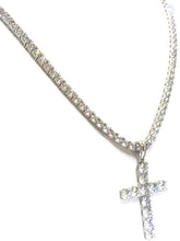 Load image into Gallery viewer, Men&#39;s Hip Hop Silver Lab Created Diamond 4mm Tennis Chain With Bling CZ Cross Pendant Set