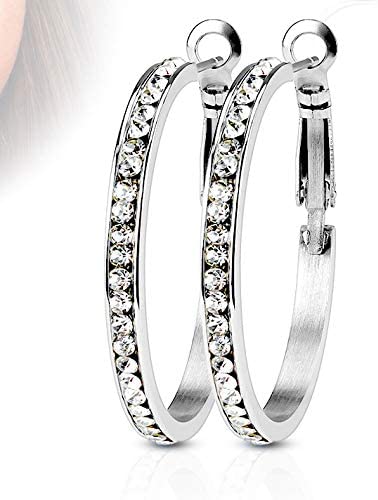 Stylish Elegant Eternity Crystal Set Stainless Steel Hoop Earring 30mm Medium Hoop