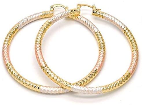 Bling Bling NY Womens Tri Color Hugs & Kisses Necklace Bracelet Large Sized Round Hoop Earring Set Stampato Stainless Steel Anti-Tarnish