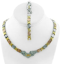 Load image into Gallery viewer, 3 Tone I Love You Hugs &amp; Kisses Necklace Bracelet Earrings Set Oval Hoops XOXO 20 inches