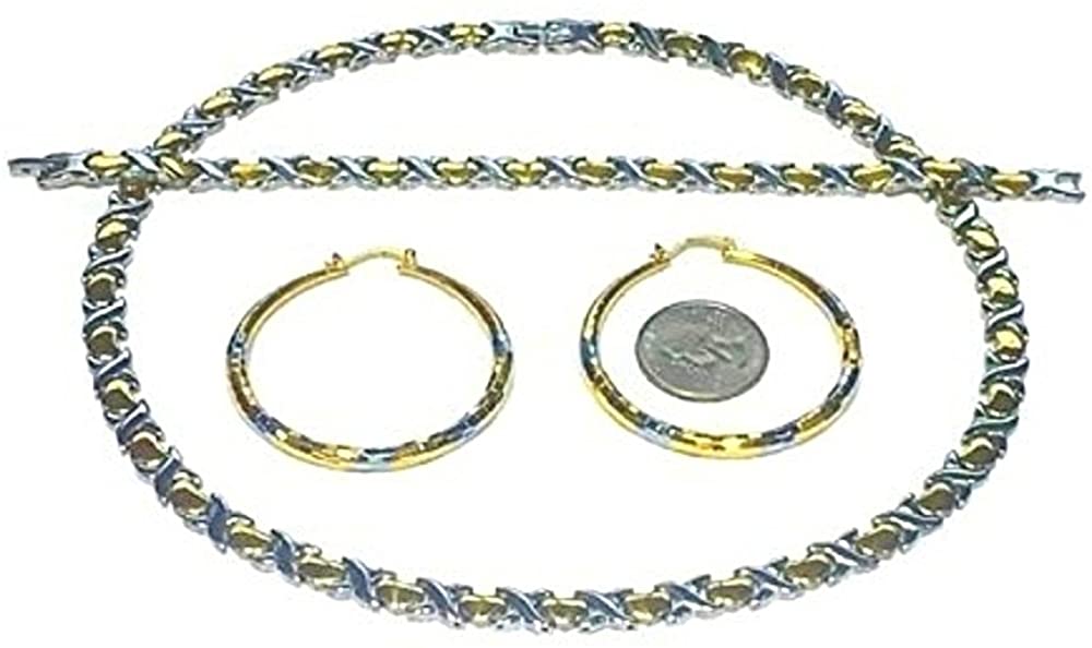 Womens Hugs and Kisses Necklace Bracelet Earrings Set XOXO 20" 2 Tone Gold and Silver with Round Medium Hoops