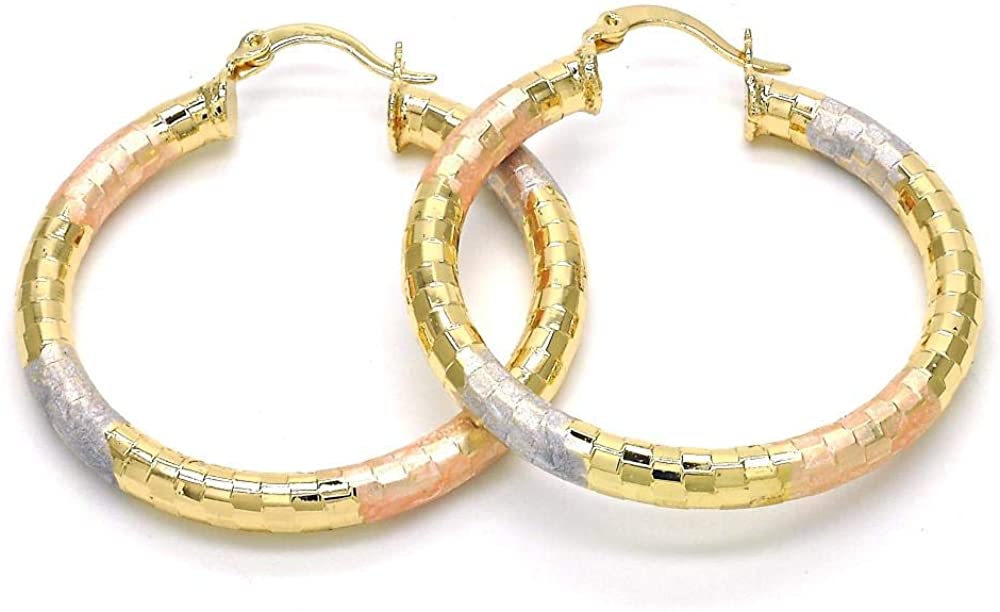 Women's Shiny Diamond Cut Finish Hoop 4mm Wide Small Medium Large Extra Large 40-80mm Tri Colored 14k Gold Layered Round BIG Chunky Gold Tube Earrings