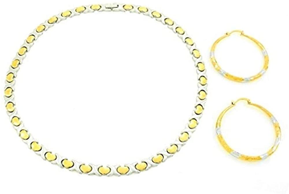 Womens Hugs and Kisses Necklace Bracelet Earrings Set XOXO 20" 2 Tone Gold and Silver with Round Medium Hoops