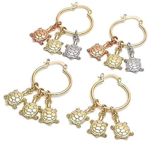 Women's Medium 14K Gold Tone Tri Tone Lucky Turtle Dangling Design Round Click Top Hoop Earrings