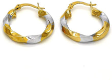 Load image into Gallery viewer, Medium 2 tone hoops for women twisty style white and yellow gold filled 30mm hoop earrings