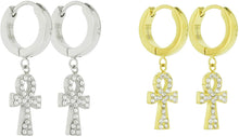 Load image into Gallery viewer, Unisex Stainless Steel CZ Egyptian ANKH Cross Dangle Hanging Hinged Hoop Earrings Small Bling Ankh Cross Drop Dangling Earrings (Silver, Gold, Black)