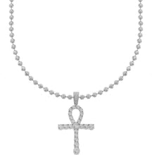 Men's Silver Finish Lab Created Diamond African Egyptian Ankh Cross Pendant 4mm Mooncut Bead Ball Chain Diamond Cut Necklace 16-30 inches