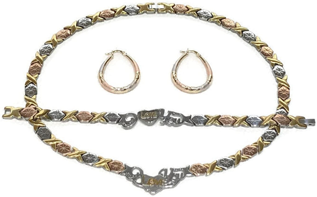 3 Tone I Love You Hugs & Kisses Necklace Bracelet Earrings Set Oval Hoops XOXO 18 inches