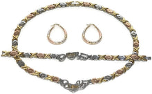 Load image into Gallery viewer, 3 Tone I Love You Hugs &amp; Kisses Necklace Bracelet Earrings Set Oval Hoops XOXO 18 inches