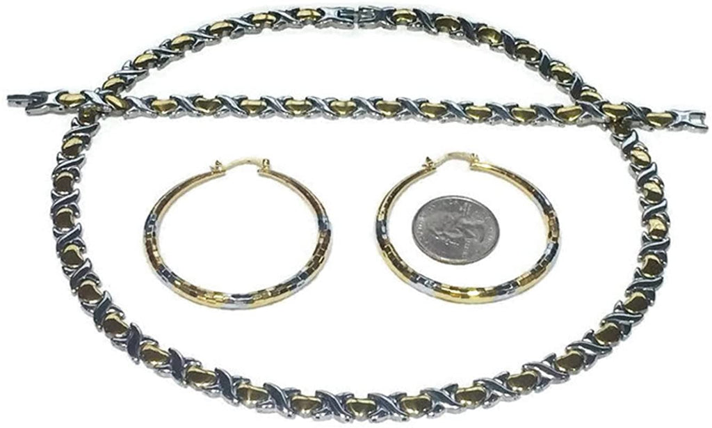 Womens Hugs and Kisses Necklace Bracelet Earrings Set XOXO 20" 2 Tone Gold and Silver with Round Medium Hoops