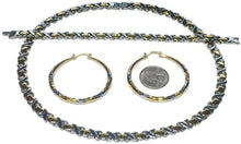 Load image into Gallery viewer, Womens Hugs and Kisses Necklace Bracelet Earrings Set XOXO 20&quot; 2 Tone Gold and Silver with Round Medium Hoops