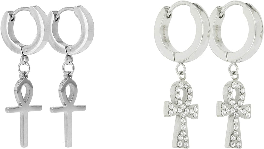 2 PAIRS Unisex Stainless Steel CZ Egyptian ANKH Cross Dangle Hanging Hinged Hoop Earrings Small Bling Ankh Cross Drop Dangling Earrings (Silver, Gold, Black)