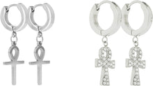 Load image into Gallery viewer, 2 PAIRS Unisex Stainless Steel CZ Egyptian ANKH Cross Dangle Hanging Hinged Hoop Earrings Small Bling Ankh Cross Drop Dangling Earrings (Silver, Gold, Black)