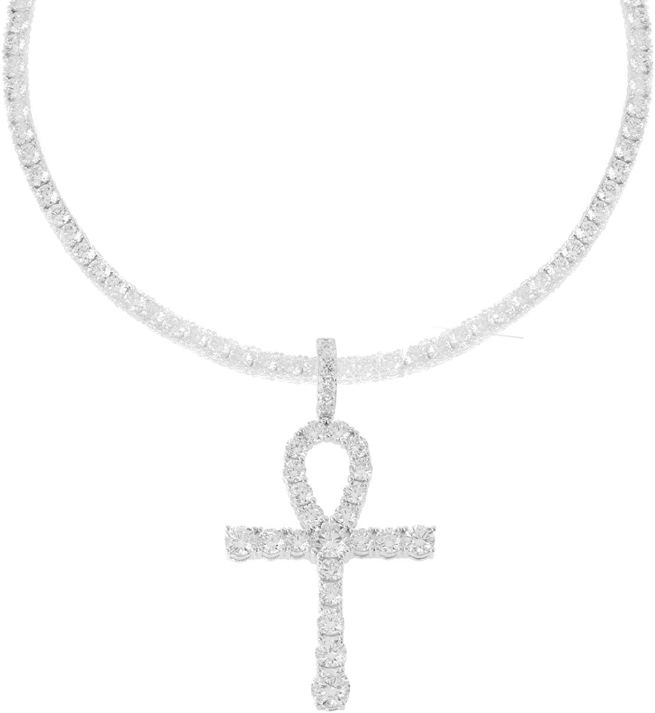 Men's Rhodium-Plated Silver Finish Round Cut Cubic Zirconia Egyptian Ankh Cross Pendant with 1 Row Tennis Necklace Choker Chain