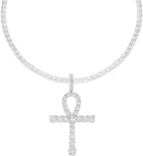 Load image into Gallery viewer, Men&#39;s Rhodium-Plated Silver Finish Round Cut Cubic Zirconia Egyptian Ankh Cross Pendant with 1 Row Tennis Necklace Choker Chain
