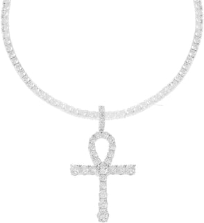 Men's Rhodium-Plated Silver Finish Round Cut Cubic Zirconia Egyptian Ankh Cross Pendant with 1 Row Tennis Necklace Choker Chain