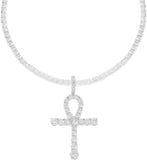 Men's Rhodium-Plated Silver Finish Round Cut Cubic Zirconia Egyptian Ankh Cross Pendant with 1 Row Tennis Necklace Choker Chain