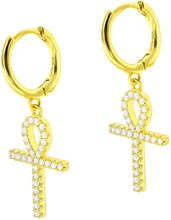 Load image into Gallery viewer, Unisex Solid 925 Sterling Silver Cubic Zirconia Egyptian Ankh Cross Dangle Hinged Hoop Earrings Plain CZ Ankh Cross Drop Hanging Huggie Earrings (Silver Tone, Gold Tone)
