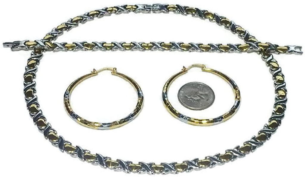 Womens Hugs and Kisses Necklace Bracelet Earrings Set XOXO 20" 2 Tone Gold and Silver with Round Medium Hoops