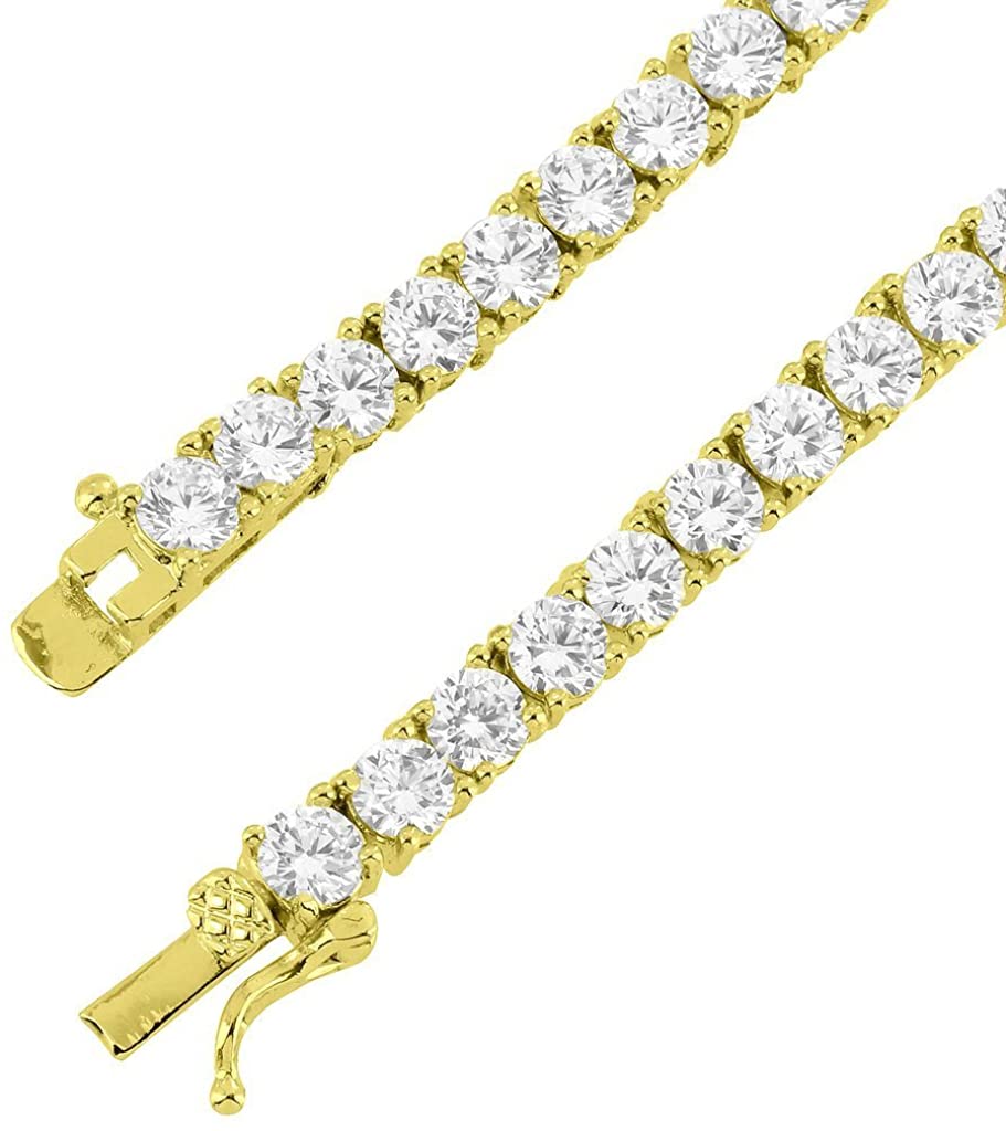 Bling Bling NY Set of 2 Mens Iced out One Row Hip Hop 14k Yellow Gold Finish Tennis Necklace Choker 20 inches