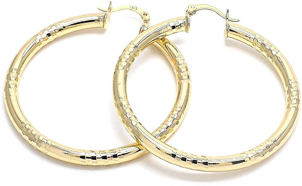 Women's Shiny Diamond Cut Finish Hoop 4mm Wide Small Medium Large Extra Large 40-70mm Real 14k Yellow Gold Layered Round BIG Chunky Gold Tube Earrings