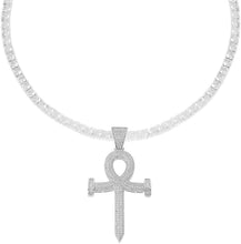 Men's Rhodium-Plated Silver Finish Micro Pave Cubic Zirconia Egyptian Ankh Cross Pendant with 1 Row 4mm Tennis Necklace Choker Chain