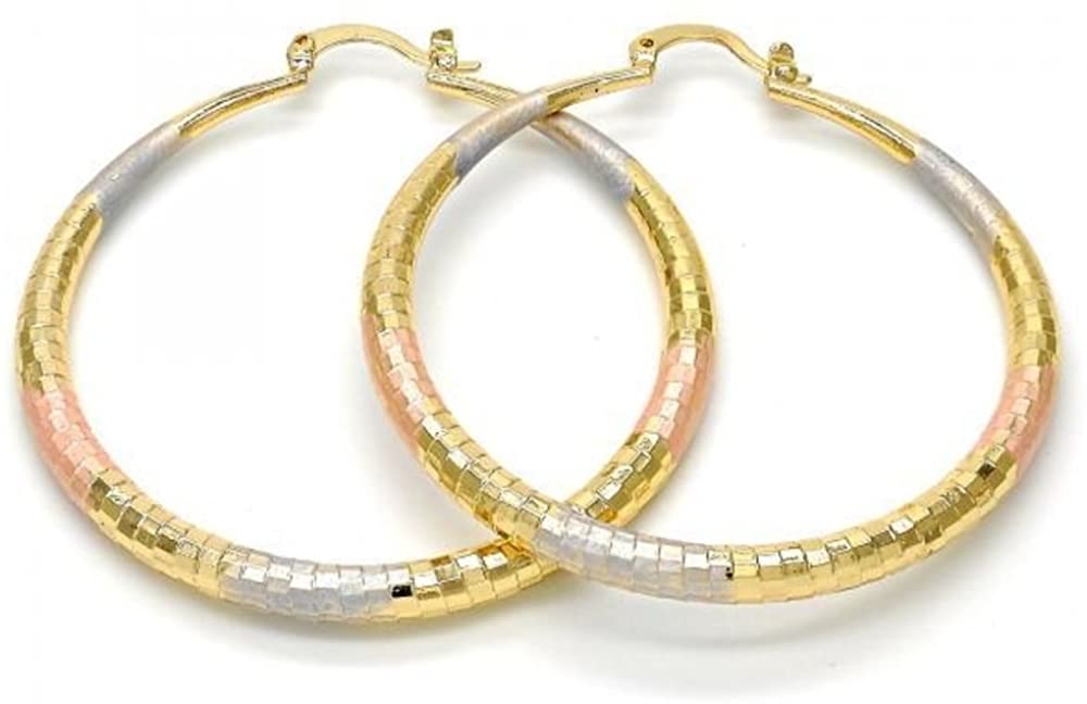 Yellow Rose and White Gold Tone Ladies Round Hollow Diamond-Cut Design Extra Large Hoop Earrings Tri-Color (70mmx4mm)