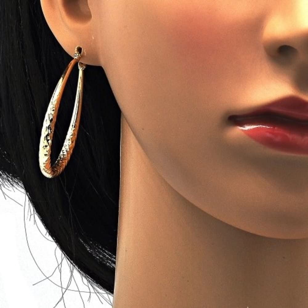 Women's 14K Gold Layered Oval Hoop Earrings Diamond Cut Finish Tear Drop Shape Hollow 4mm (50X40mm)