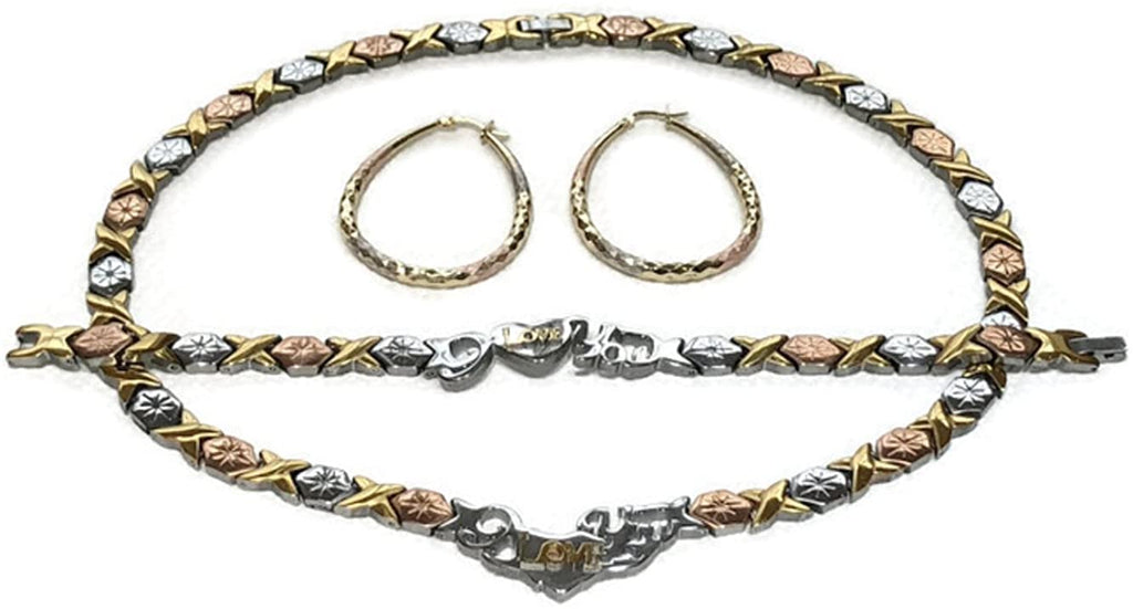 3 Tone I Love You Hugs & Kisses Necklace Bracelet Earrings Set Oval Hoops XOXO 18 inches