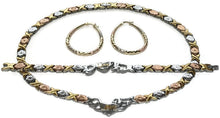 Load image into Gallery viewer, 3 Tone I Love You Hugs &amp; Kisses Necklace Bracelet Earrings Set Oval Hoops XOXO 18 inches