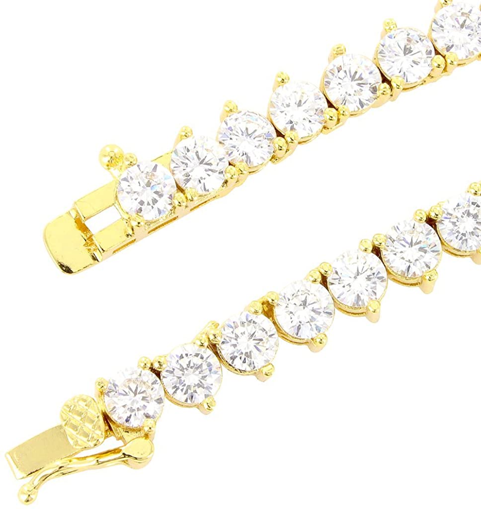 Bling Bling NY New One Row Tennis Necklace Bracelet Set Gold Finish Lab Created Diamonds 4MM Three Prong Iced Out Solitaires