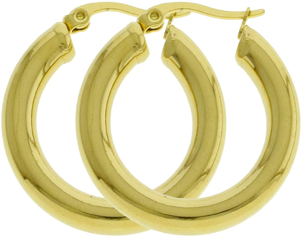 Women's Classic Thick Hollow 5mm Real 14k Yellow Gold Layered High Polish Round Small Medium Tube Hoop Earrings Click Top