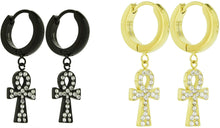 Load image into Gallery viewer, Unisex Stainless Steel CZ Egyptian ANKH Cross Dangle Hanging Hinged Hoop Earrings Small Bling Ankh Cross Drop Dangling Earrings (Silver, Gold, Black)