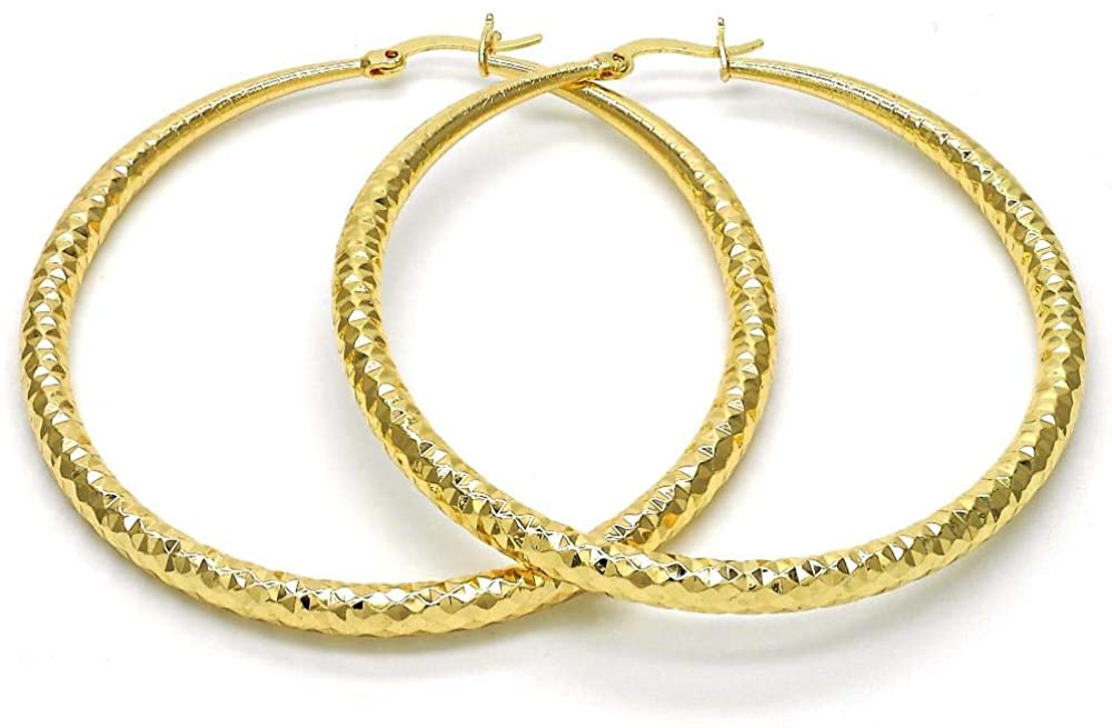 Women's 4mm Wide Small Medium Large 40-60mm Real 14k Yellow Gold Layered Round BIG Gold Diamond Cut Thick Hoop Tube Earrings