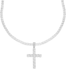 Load image into Gallery viewer, Men&#39;s Hip Hop Silver Lab Created Diamond 4mm Tennis Chain With Bling CZ Cross Pendant Set