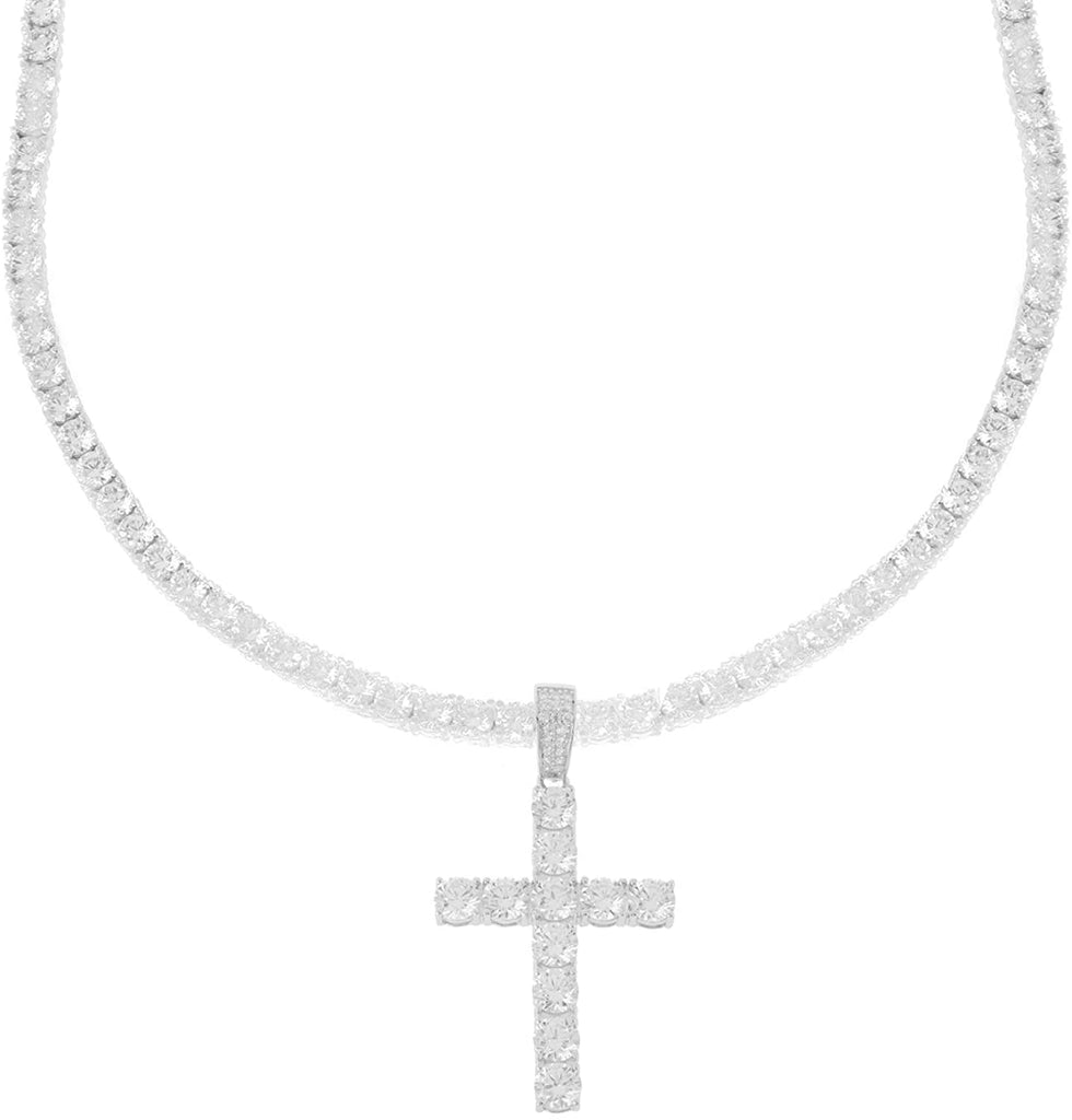 Men's Silver Finish Iced Out Lab Created Diamond Cross Pendant 4mm Tennis Chain 1 Row Necklace 16-30 inches