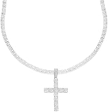 Men's Silver Finish Iced Out Lab Created Diamond Cross Pendant 4mm Tennis Chain 1 Row Necklace 16-30 inches