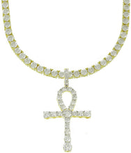 Men's 14K Gold Plated Round Cut Cubic Zirconia Egyptian Ankh Cross Pendant with 1 Row Tennis Necklace Choker Chain