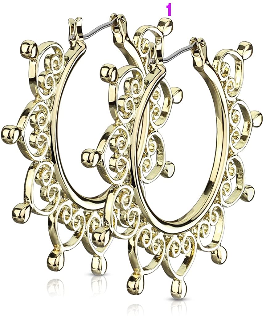 Gold Plated Bohemian Heart Filigree Design Large Hoop Earrings